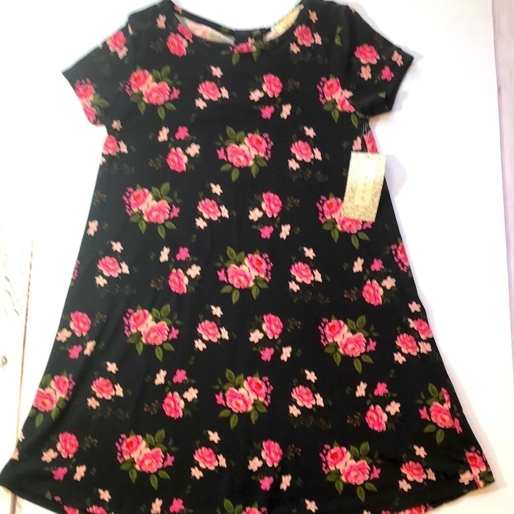 BTWEEN Girls Stretchy Dress Black Pink Rose Floral Keyhole Back Size L 10/12 NWT